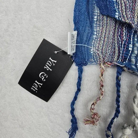 Yak‎ & Yeti Blue Multicolor Fringe One Size Cotton Women's Scarf New - Picture 2 of 6